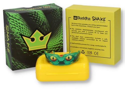 BUDDHA FIGHT WEAR Protector bucal Premium adultos y niños +12 Años para todos los deportes de contacto, incluidos rugby, MMA, kickboxing, judo, hockey y boxeo (Verde-Amarillo)