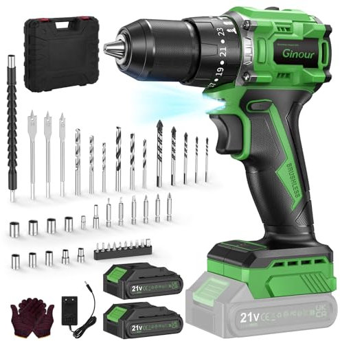 Ginour 21V Bürstenlos Akku Schlagbohrschrauber Set, 2x2Ah Akku, kompatibel mit Makita 18V Akku & Ladegerät, 50 Nm, 2-Gang, 23+3 Stufen, 47-tlg. Zubehör & Koffer, LED, 10mm Bohrmaschine & Akkuschrauber