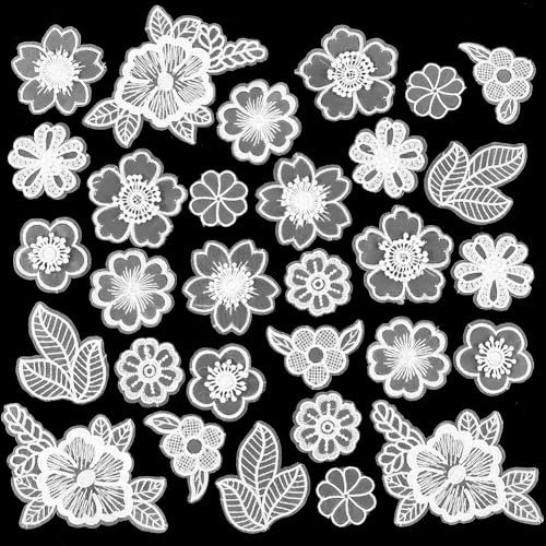 GORGECRAFT 30pz 10 Stili Fiore Pizzo Applique Ricamo Floreale Foglia Cucire su Toppe Abbellimenti Tessuto Riparazione Toppa per Matrimonio Abito da Sposa Vestiti Cappello Ornamenti per Capelli Bianco