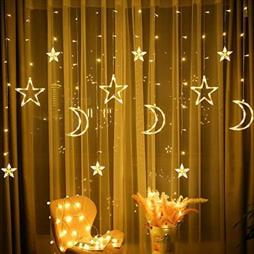 Somedy LED Weihnachtsbeleuchtung Fenster, 3.5/7M Stern Mond Lichtervorhang Batteriebetrieben, Sternenvorhang Lichterkette Innen, Lichterkette Fenster Innen für Dekoration (Warm Weiß, 1 Stück / 3.5M)
