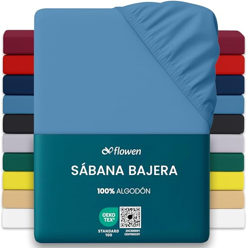 Flowen Sábana Bajera Ajustable Jersey 90x190cm 100% Algodón 150g/m² | Bajera Elástica Goma Perimetral Bolsillo Profundo 30cm | Oeko-Tex Certificada Suave Transpirable Antiarrugas (Azul Marino)