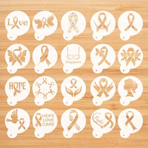 CIEMODA Cancer Awareness Coffee Stencil,Breast Cancer Awareness Stencils Set, 16pcs Pink Ribbon Reusable Cookie & Latte Art Stencils for Baking, Painting, and DIY Crafts