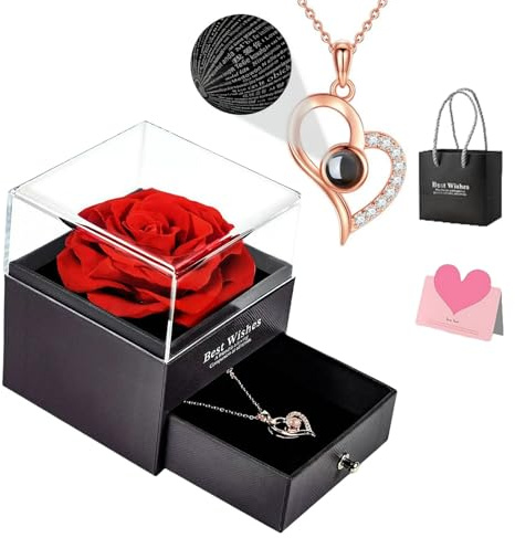 Litesort Preserved Real Rose, Box with I Love You Necklace In 100 Languages, Real Rose Flower Gifts for Her Woman Girlfriend Mother on Birthday, Anniversary, Valentines Day, Mothers Day