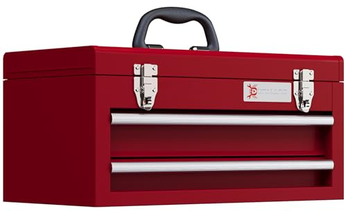 DURHAND Boîte à outils en acier avec 2 tiroirs Couvercle avec couvercle à charnière Plateau supérieur avec loquets en métal et poignée Caisse à outils portable pour atelier bricolage maison 46x24x22