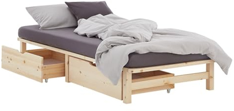 Homestyle4u Massivholzbett 90x200 mit Schubladen & Matratze | Einzelbett Kiefer Natur, Palettenbett-Design, Lattenrost inklusive – ideal für Gäste- und WG-Zimmer