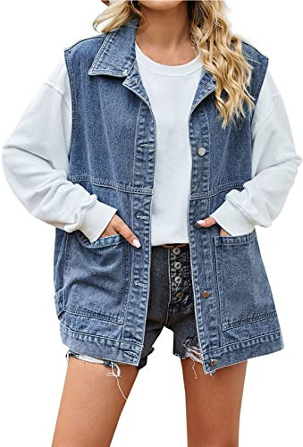 Generisk jeansväst dam lång, bikerväst dam jeans, fritidsväst sommar denim västar med fickor jeansjacka väst vintage arbetsväst lös kofta ärmlös jeansjacka vår jeansrock, blå, S