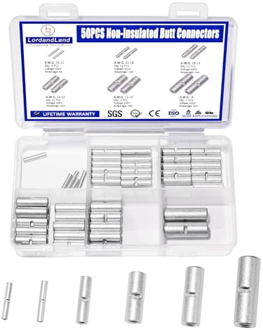 50PCS Non Insulated Butt Connectors 24-8 AWG,Uninsulated Crimp Wire Connectors Electrical Seamless Crimping Terminals,Bare Copper Crimp Splice Terminal for 22,20,18,16,12,8 Gauge Wire