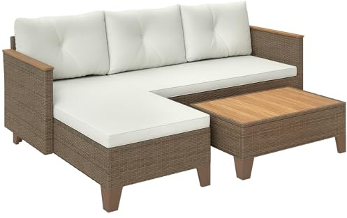 Outsunny Set di Mobili da Giardino in Rattan 3 Pezzi, Salotto da Esterno con Divano a 2 Posti, Chaise Longue, Tavolino da Caffè e Cuscini Lavabili, Struttura in Acciaio, Cachi/Crema