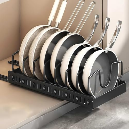 Miawtro Topfdeckelhalter, 42CM Ausziehbarer Deckelhalter Schublade mit 8 Verstellbaren Fächern, Topfdeckel Organizer aus Metall für Küchenutensilien, Pfannen, Töpfe, Deckel (Schwarz)
