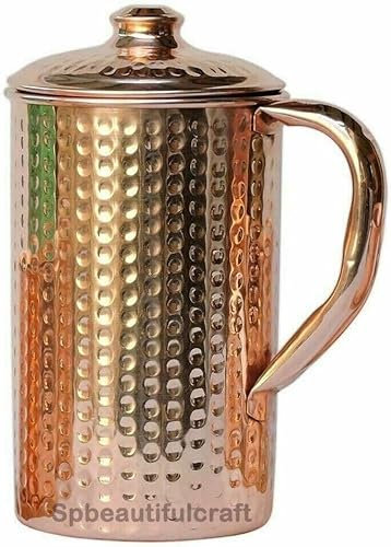 HRS India Wasserkrug aus reinem Kupfer, gehämmert, Krug, Wasserspeicher, Trinktopf, Ayurveda, gesundheitliche Vorteile, 2 Liter