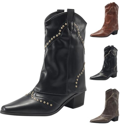 FGUUTYM Stivaletti medievali da donna in pelle PU, stile retrò, da cowboy, con dita dei piedi, da cowboy, Nero , 37 EU