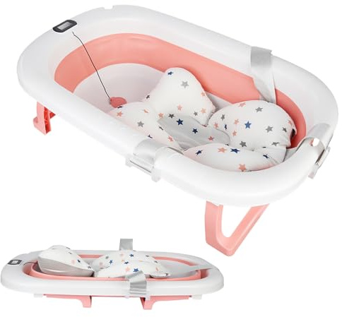 XL Baignoire Bébé Pliable pour Bébé avec Thermomètre Digital, Support de Douche et Coussin Antidérapant (Rose,80x50x23 cm)