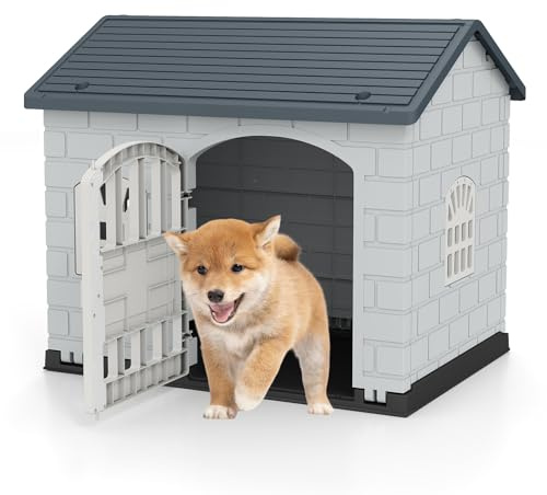 GOPLUS Hundkoja utomhus, hundkoja väderbeständig med låsbar dörr, 3 fönster, lutande tak, hundbur inomhus, husdjurshus hemma för små till medelstora hundar och katter (grå)