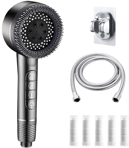 Lergas Pommeau de douche à économie d'eau avec filtre contre le calcaire, douchette haute pression avec 4 types de jet, brosse de massage et niveaux de filtration pour les résidus d'eau dure (D)