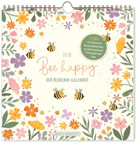 Bee happy - Kalender 2026 - Grafik Werkstatt - Wandkalender - Monatskalender mit Saatgut- Tütchen, Goldveredelung und handgefertigten Illustrationen und Platz zum Eintragen - 20 cm x 20 cm