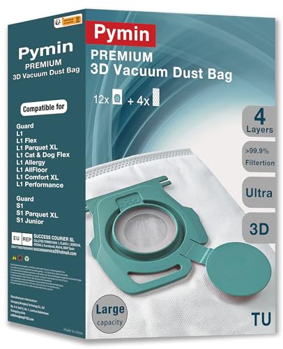 Pymin 12-pack TU/CO Dammsugarpåsar 4 avgasfilter för Guard L1/M1/S1 | Väskor med stor kapacitet HyClean Air dammsugarpåsar för Miele