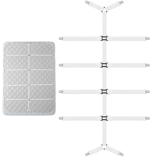 unbholkk Bettlakenspanner Verstellbar, Elastische Betttuch Spanner mit Metallclip für Bettlaken, Spannbettlaken Halter, für Faltenfreie Bettlaken und Topper (Weiß)