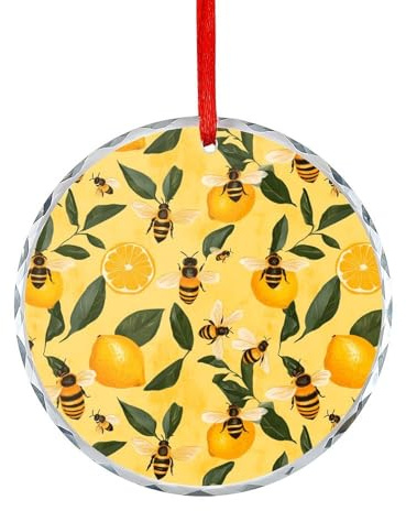 Yellow Lemon and Bee Glass Christmas Ornament Xmas Tree Decorations Crystal Hanging Round Pendant for Holiday Party