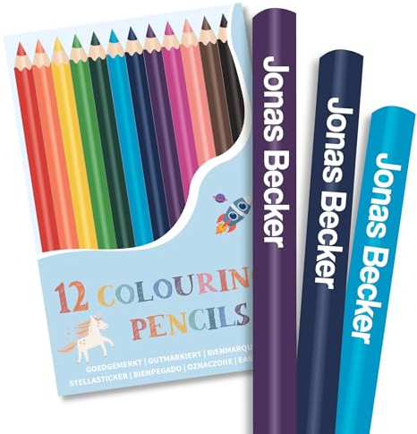 gutmarkiert - Personalisierte Buntstifte mit Namen - Dieses Set enthält 12 dreikantige Buntstifte dreikantige Form - Perfekt für Kinder ab 3 Jahren - Bedruckt mit weißem Text.