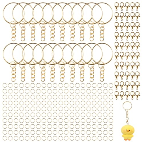 170 Pièces 25 mm Attache Porte Clé Kit, Chaine et Anneau pour Porte Clé | Kit Port Clef, Anneaux Porte-Clés avec Chaîne, pour Fabrication Bijoux, DIY Artisanat D'art (Doré
