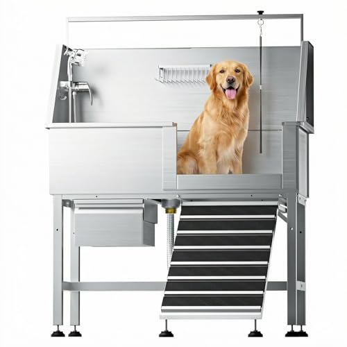 46 Dog Washing Station, Leak-Proof 304 Stainless Steel Dog Bathtub with Non-Slip Removable Left Ramp & Storage Drawer, Elevated Pet Wash Station for Large Dogs, Garage & Outdoor Use (Right Ramp)