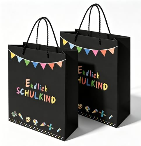 2pcs Geschenktüte Einschulung Junge Mädchen schwarz,Geschenktasche Einschulung,Geschenktaschen zum Schulanfang,Einschulung Geschenkverpackung Papiertragetasche Endlich Schulkind Schulanfang