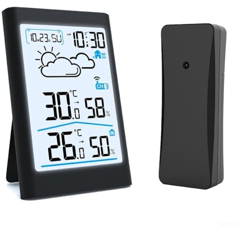 Honseadek Station météo numérique sans fil avec thermomètre hygromètre intérieur et extérieur, rétroéclairage LCD, horloge radio, prévisions, gel pour la maison et le jardin (noir)