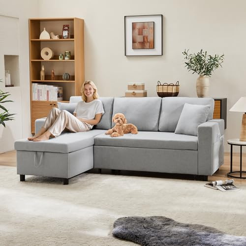 kozamas L-Form Schlafsofa Ecksofa 219 cm grau mit Stauraum & austauschbarer Chaiselongue, Seitentaschen – Gästebett für Wohnzimmer