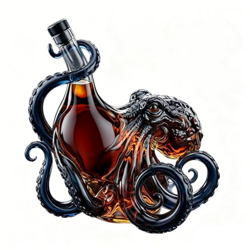 Introti Octopus Glass Decanter 350ml, 3D Nautical Liquor Bottle, Borosilicate Whisky Decanter, Decorative Bar Sculpture Gift for Home & Marine Lovers
