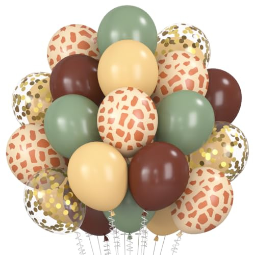 Luftballons Dschungel, 30 Stück Helium Ballons Grün Braune Gold Konfetti, Safari Tiere Giraffen Druck Ballons, 12 Zoll Partyballon für Wildtiere Geburtstag Hochzeit Babyparty Wald Party