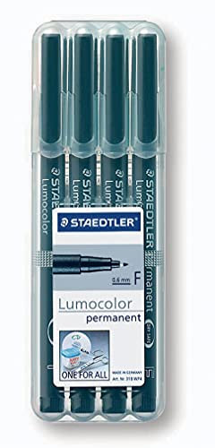 STAEDTLER permanenter Universalstift Lumocolor, wisch- und wasserfest, sekundenschnell trocken, nachfüllbar, Linienbreite 0,6 mm, 4 schwarze Marker in stabiler STAEDTLER Box, 318-9WP4HZ