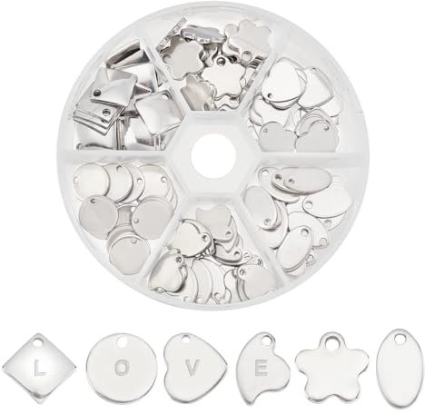 PandaHall 304 Edelstahl Stempel Charms 60pcs Stempel Tag Anhänger Stempeln Blank Tags 6-Stil Stempeln Blank Tags Herz Runde Metall Tag für Armband Halskette Schmuck DIY Handwerk Geschenk Machen