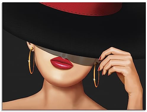 ARTland Wanddeko Glasbilder Wandbild Glas Bild einteilig 60 x 45 cm Elegant Schick Dame Lady Hut Ohrringe Lippen Rot T6FL