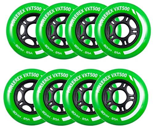 Rollerex VXT500 Inline Skate Wheels 8-Pack - 85A Durable Roller Blade Wheels for Indoor & Outdoor Skating - Fits Standard 608 Bearings (Turf Green, 72mm)