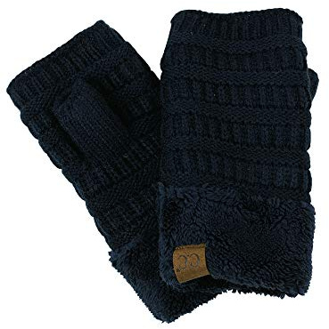 C.C Women's Warm Knit Fingerless Half Finger Fleece Lined Winter Gloves-Navy
