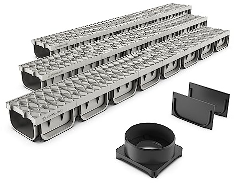 Kit Canal de Drenaje para Ducha y Piscina VODALAND Easy 2-3 Metros, Color Gris - Canaleta de Desagüe con Rejilla para Jardín, Aguas Pluviales y Terraza - Canaletas VODALAND