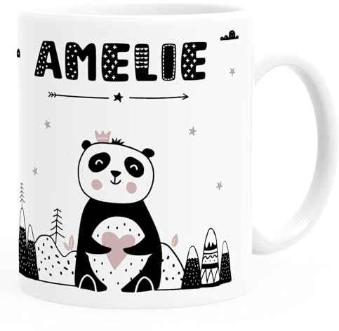 SpecialMe® Kindertasse Kunststoff Panda-Bär Tiere Scandi-Design personalisierte Namenstasse für Kinder Weiss Kunstoff-Tasse