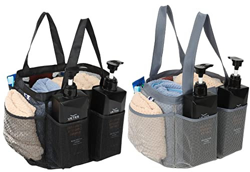 Nvatorfox 2 Stück Haundry Mesh Dusche Caddy Tote Hängende Tragbare Kulturbeutel Essentials Schnell Trocknen Bad Organizer für Studentenwohnheime Fitnessstudio Camp für Badezimmerzubehör (Grau+Schwarz)