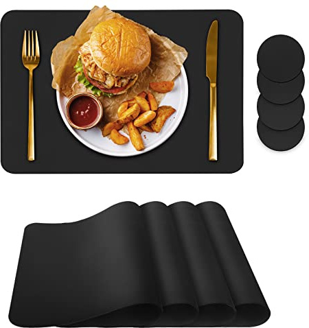 Bacgnyer Placemats Set of 4 with Coasters Wipeable Washable, Black 4