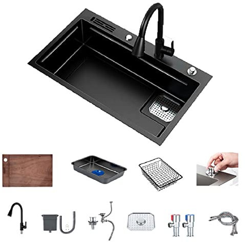 HGTRH Fregadero Cocina 1 Seno sobre Encimera, Fregadero Negro 1 Seno y Escurridor, Fregadero Bajo Encimera Negro INOX, Fregadero Bajo Encimera INOX Brillo con Pulverizador Desplegable