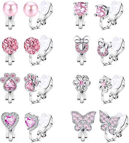 CASSIECA 8 Paar Ohrclips Kinder Mädchen Clip On Ohrringe Ohne Ohrloch Herz Stern Blumen Rosa Hypoallergene Ohrclips für Ohne Ohrlöcher Schmuck für Kinder Mädchen Rosa Ohrringe