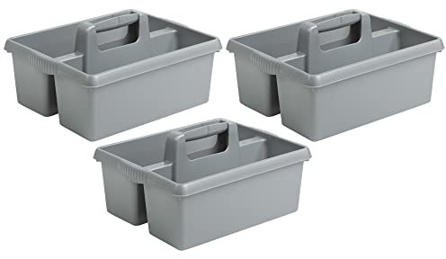 (Set of 3) Large Cleaning Caddy with Handles Plastic Caddy Tidy Organiser Cleaners Carry All Tote Tray Basket with Multi Compartment Cleaning Tool Utility Caddy for Kitchen Sink Bathroom (Silver)