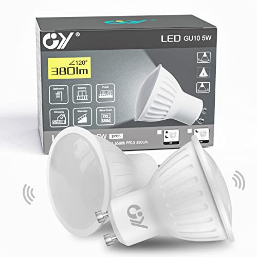 GY GU10 LED Kaltweiss Lampe mit Bewegungsmelder Radar Sensor,5W Ersetzt 40W,380lm 6500K Kaltweiß Glühbirnen mit Lichtsensor,Automatisch ein/aus,Abstrahlwinkel 120°,Nicht Dimmbar,2 Stück
