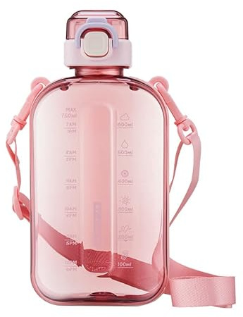 Swygoo Borracce Piatte da 750 ml, Borraccia all'Aperto con Tappoapribile con un Solo Clic, Borraccia da Viaggio con Indicatore del Tempo e Cinturino per Campeggio Escursioni Sport e Fitness (Rosa)