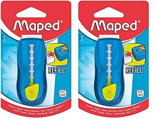 MAPED - Gom Stick Universal - Gomme Blanche Avec Étui de Protection - Porte-Gomme Rechargeable - Rétractable - Sans Phtalates - Sans PVC - Coloris Bleu (Lot de 2)