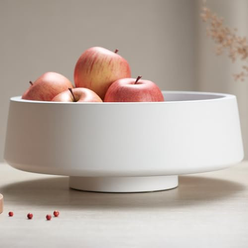 IVE Design Frutero grande blanco para encimera de cocina, cuenco grande de madera de 14.2 pulgadas de diámetro, cuenco de pedestal, cuencos de frutas, cuencos decorativos