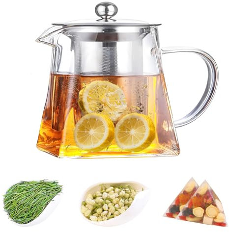 Tetera de Cristal, 350ml Tetera con Infusor de Té Suelto de Acero Inoxidable Extraíble, Tetera de Vidrio Transparente para Bebidas Frías y Calientes, Té de Frutas, Bolsitas de Té Perfumadas
