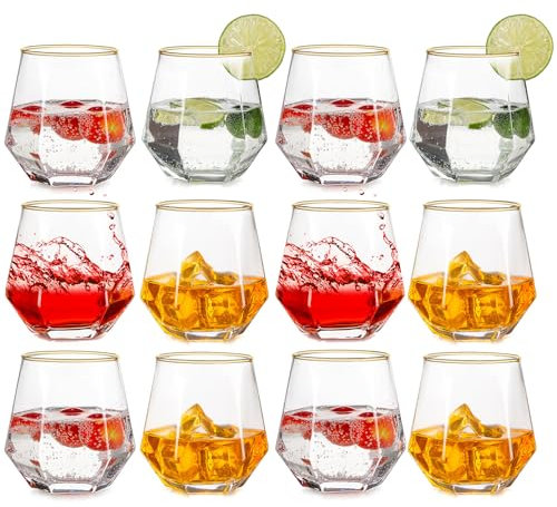 Inweder Trinkgläser 12er Set - Stiellose Weingläser Au Wodka Gläser Goldrand Whiskey Gläser Kraken Rum Glas Geometrische Whisky Tumbler Geschenkset für Männer Geburtstag Vatertag Jahrestag