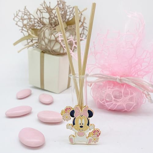 Doni Bomboniere 10 Bomboniera profumatore con fiala in Vetro con Charm Disney di Baby Minnie Mouse con Tutina Rosa e Fiocco. Bombiera Nascita, Battesimo, Primo Compleanno Bimba.
