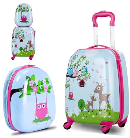 SOARS Kinderkoffer & Rucksack, Kindertrolley mit Rollen & verstellbarem Griff, Koffer Set, Kindergepäck, Reisekoffer Kinder Jungen & Mädchen, für Spielzeug, Kleidung (Wald B, 12+16)